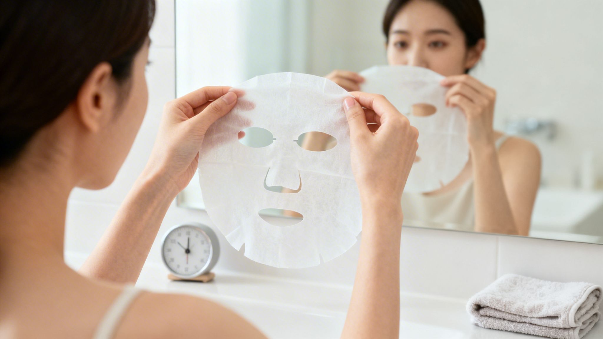 A woman in a bathroom mirror holding a sheet face mask, preparing for her skincare routine.