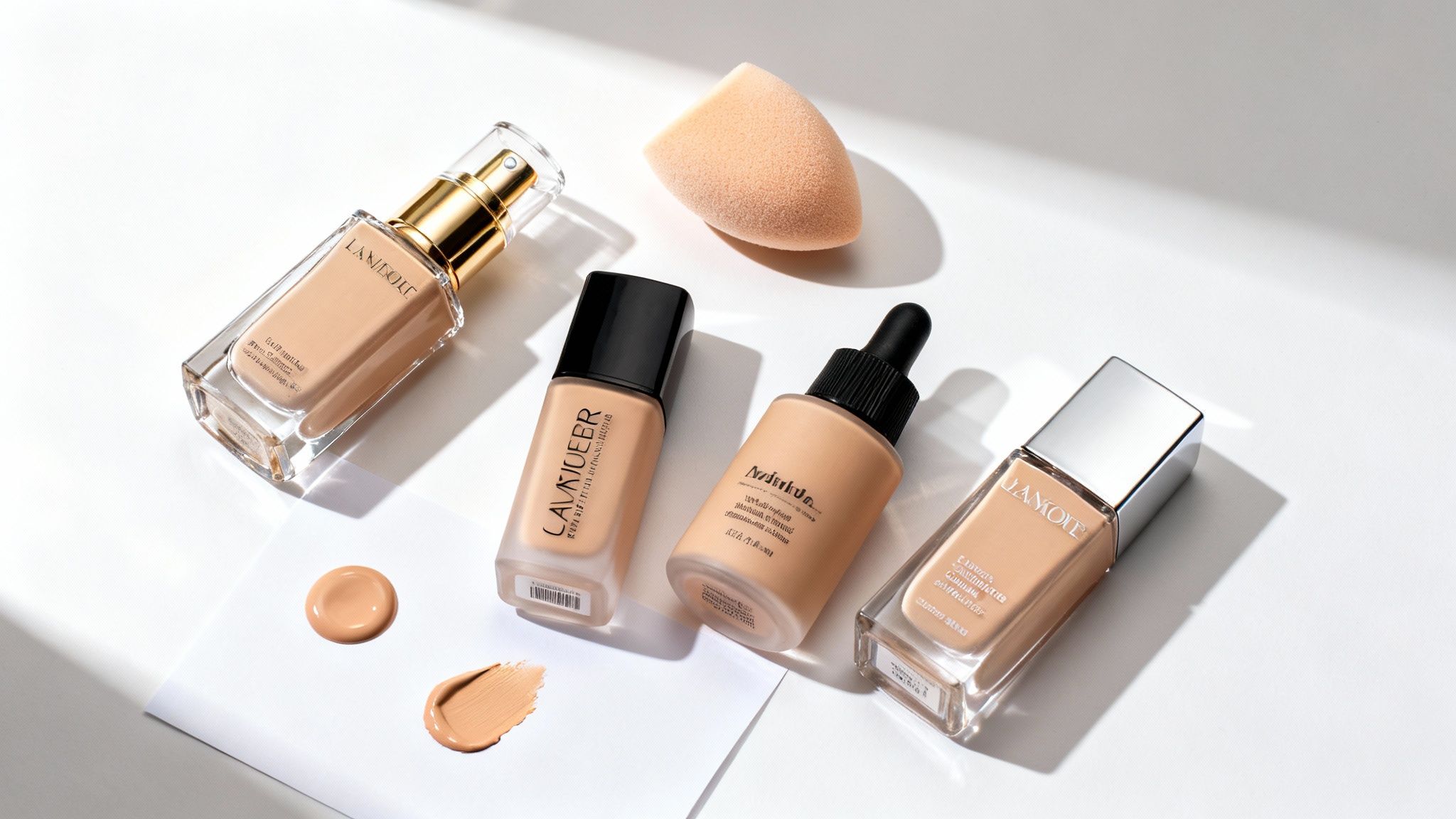 Four bottles of liquid foundation, a beauty blender, and foundation swatches on a white surface.