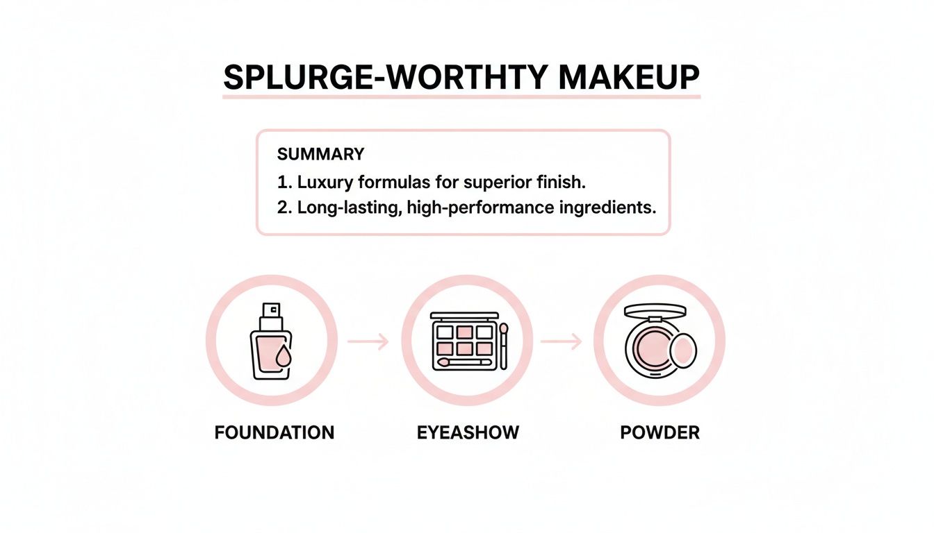 A graphic showcasing splurge-worthy makeup with luxury formulas, featuring foundation, eyeshadow, and powder.
