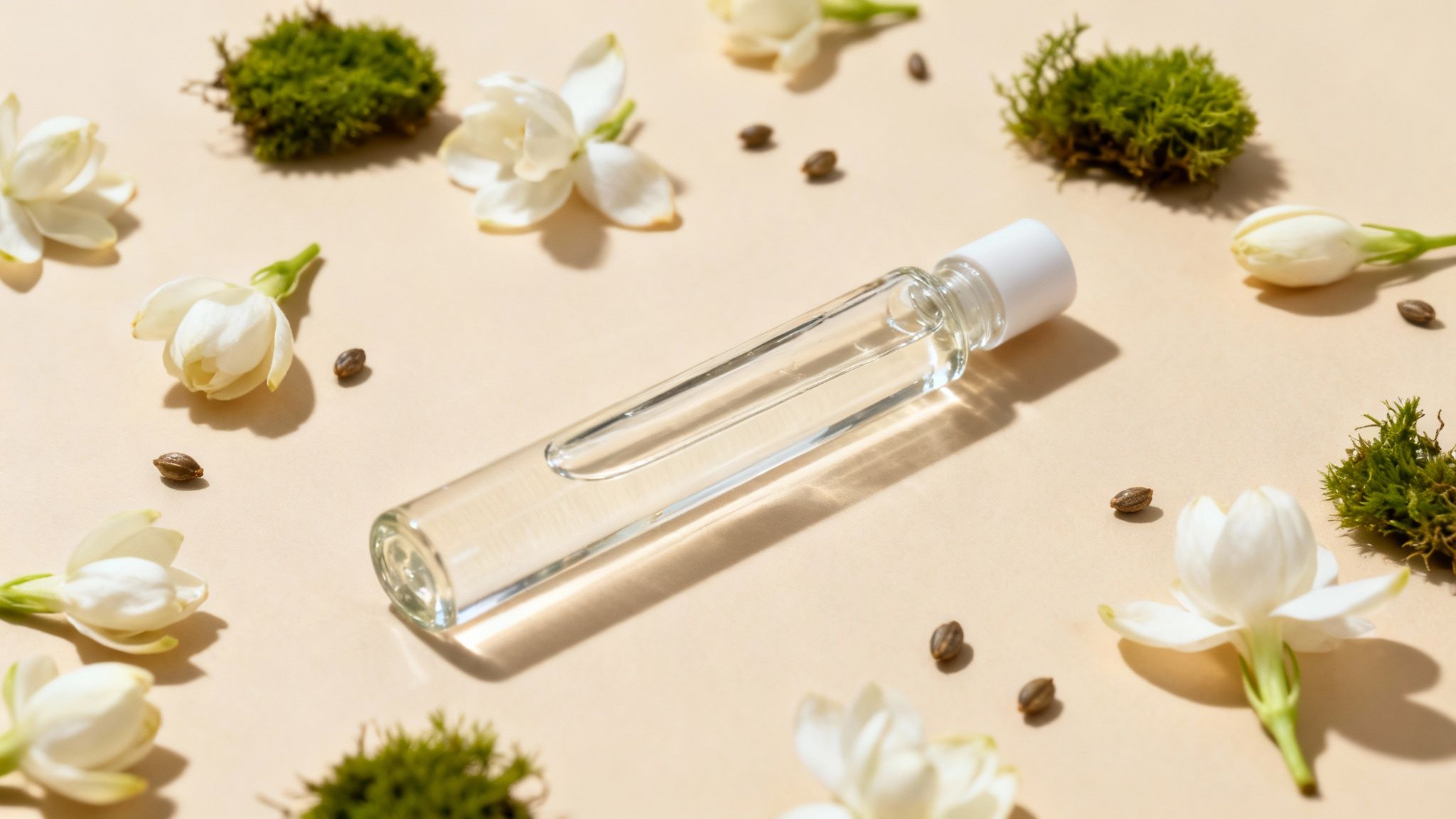 A clear perfume rollerball bottle surrounded by white jasmine flowers, green moss, and small seeds on a beige background.