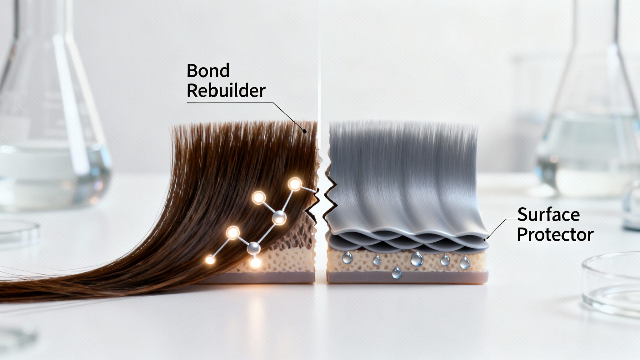 Split image showing hair repair: bond rebuilder for internal strength and surface protector for external defense.