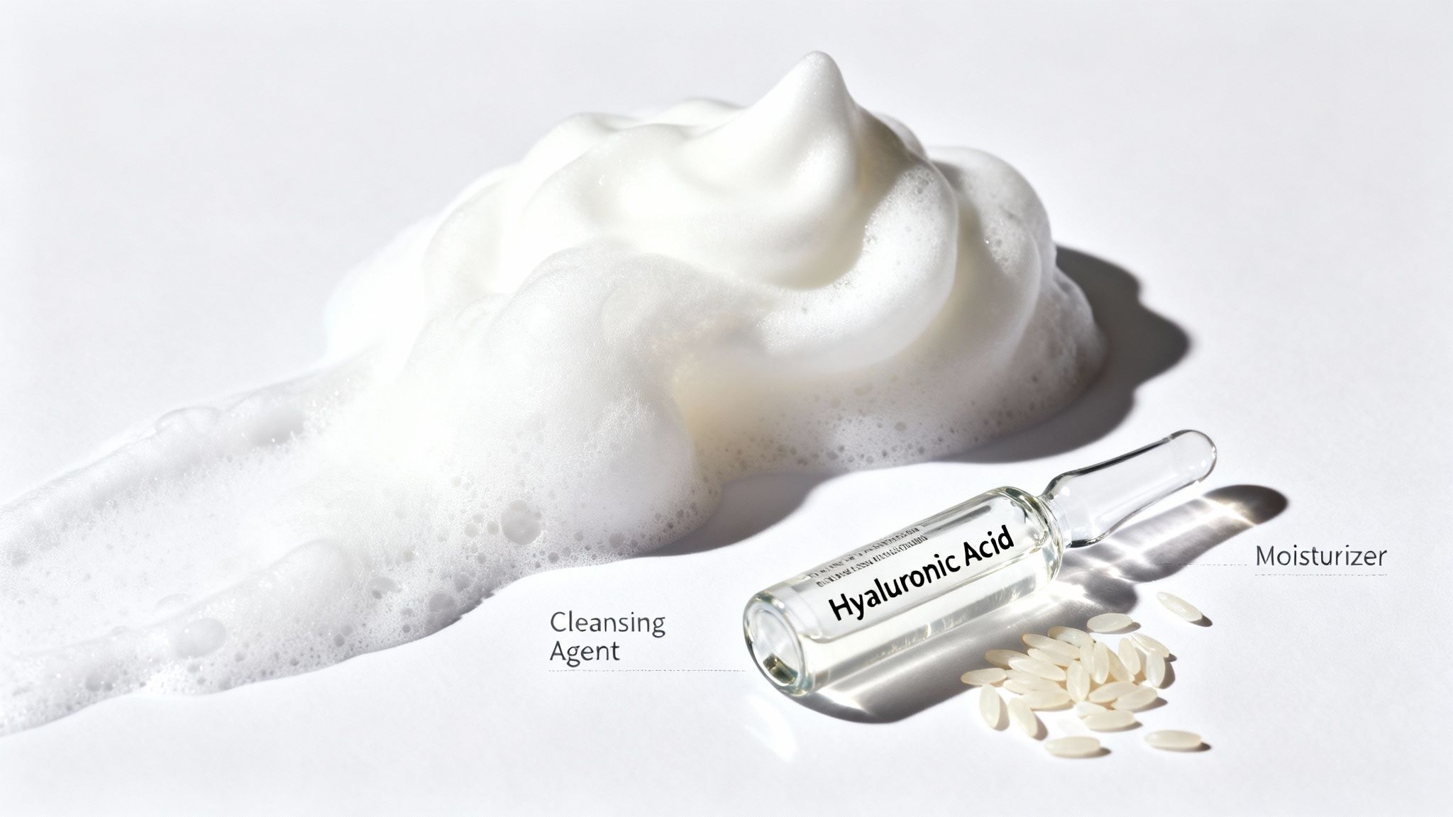 White foam, a Hyaluronic Acid ampoule, and rice grains on a white background, labeled as cleansing agent and moisturizer.