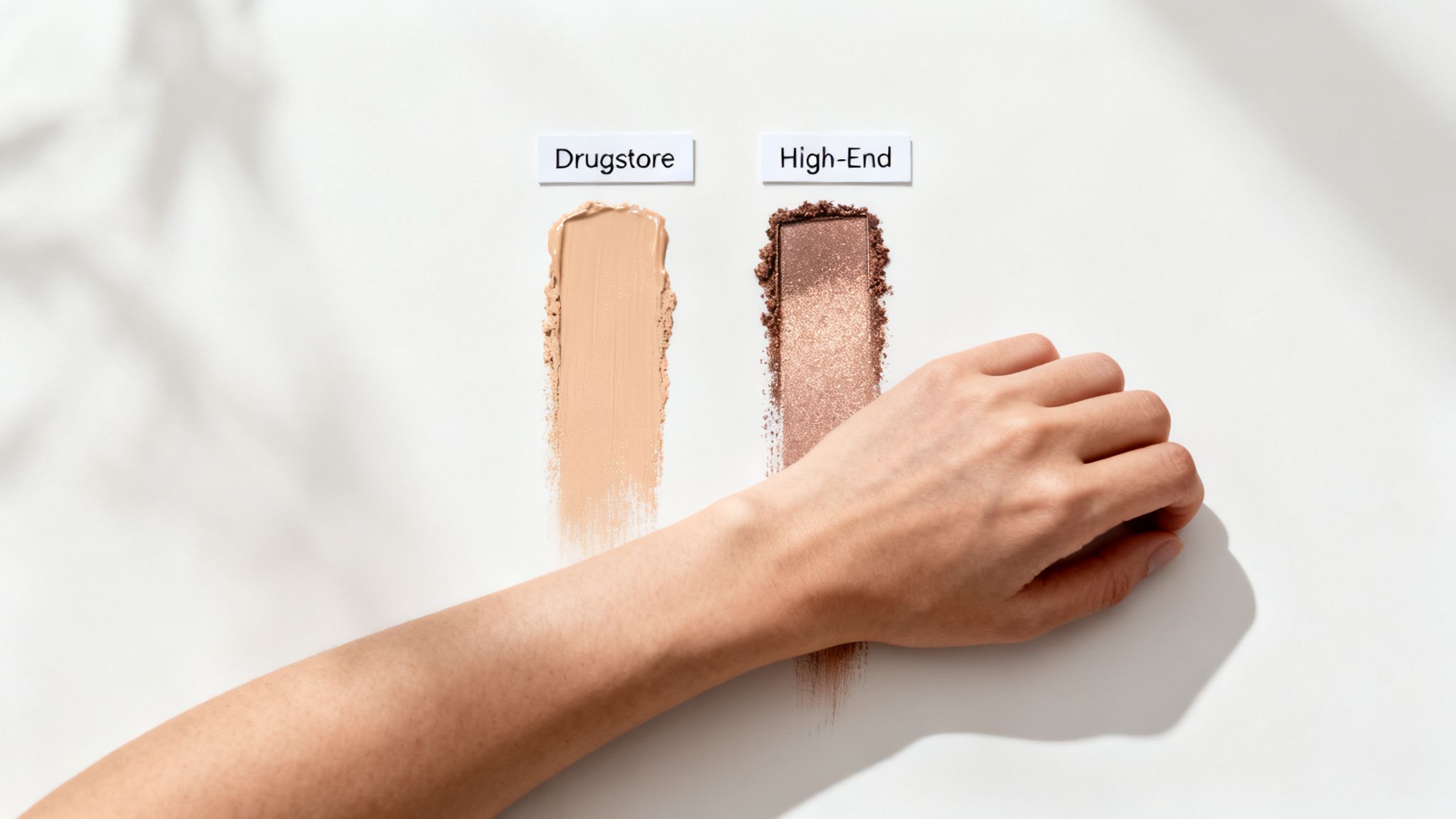 Two makeup swatches, drugstore foundation and high-end shimmery bronze, on a white surface with a hand.