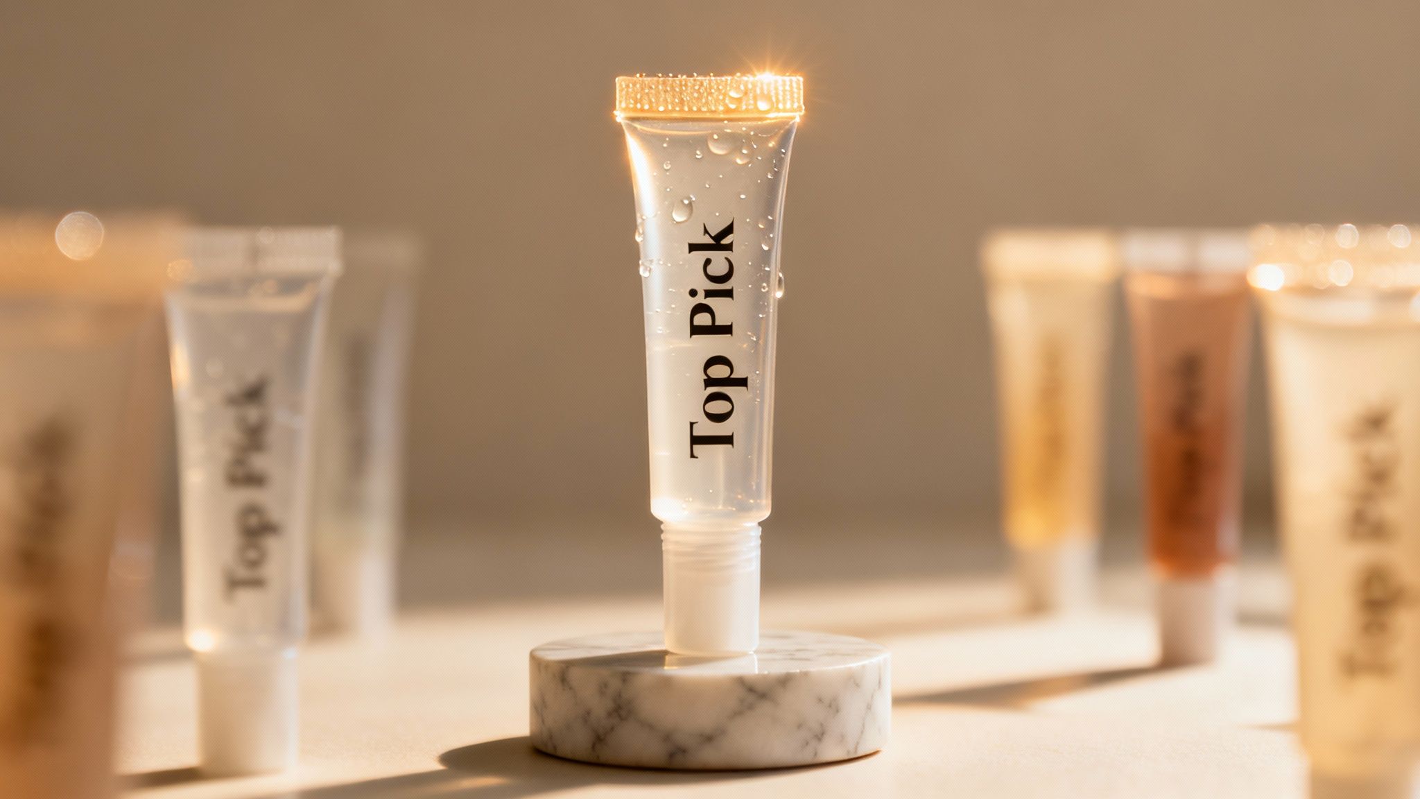 A clear 'Top Pick' cosmetic tube with water droplets and a sparkling cap on a marble stand.