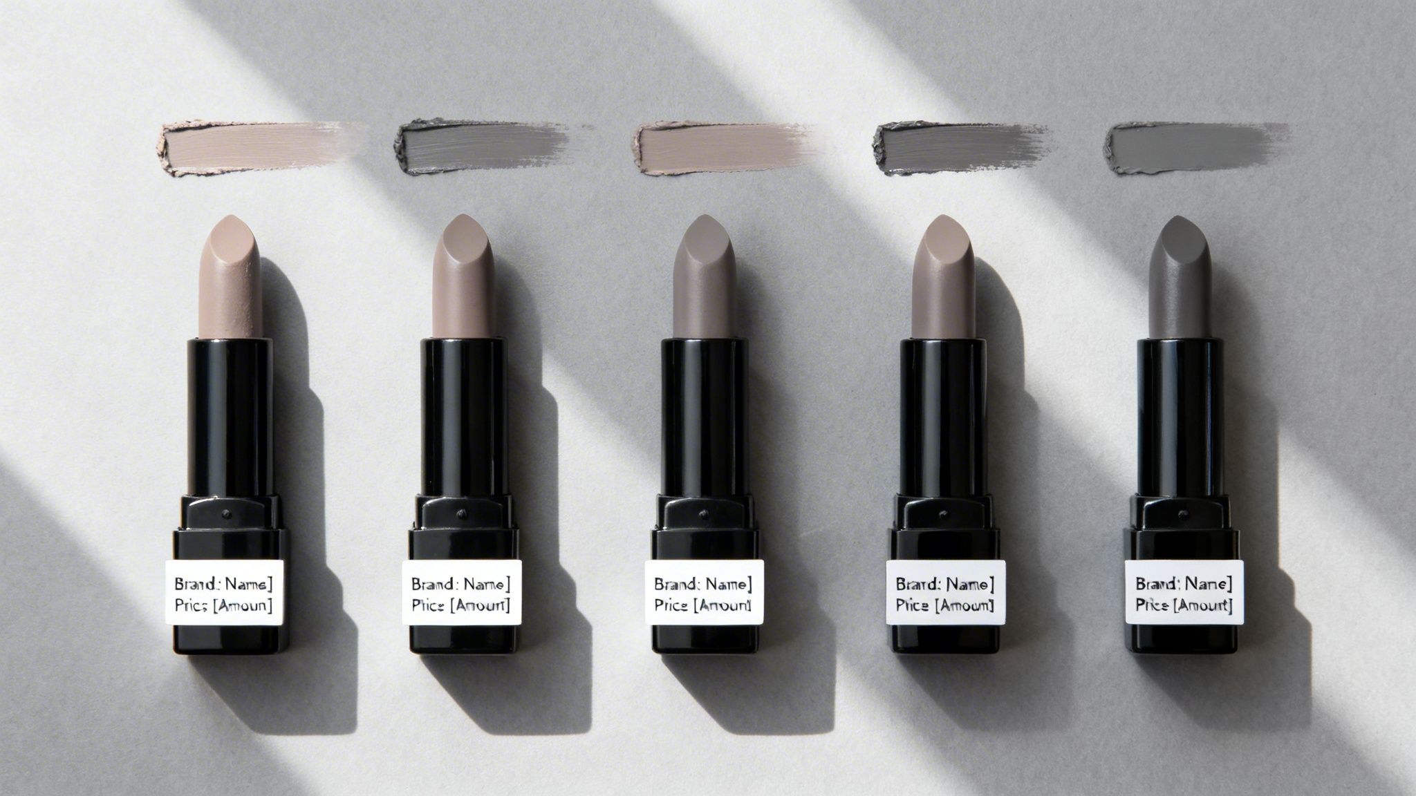 Five neutral-toned lipsticks in a row with corresponding swatches and product labels on a grey surface.