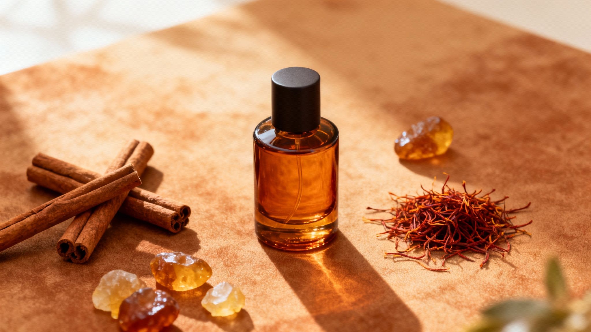 Amber perfume bottle surrounded by cinnamon sticks, saffron, and rock candy on a brown surface.