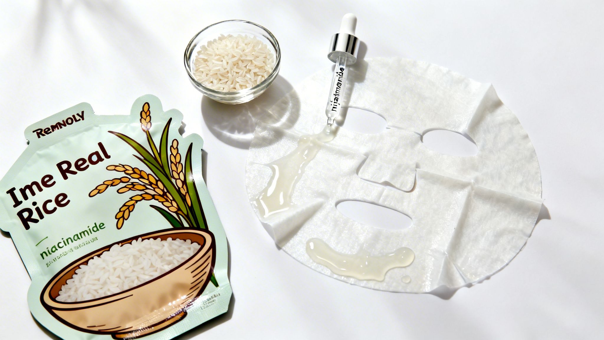 A Remnoly Ime Real Rice niacinamide face mask packet, a sheet mask with serum, and rice grains.