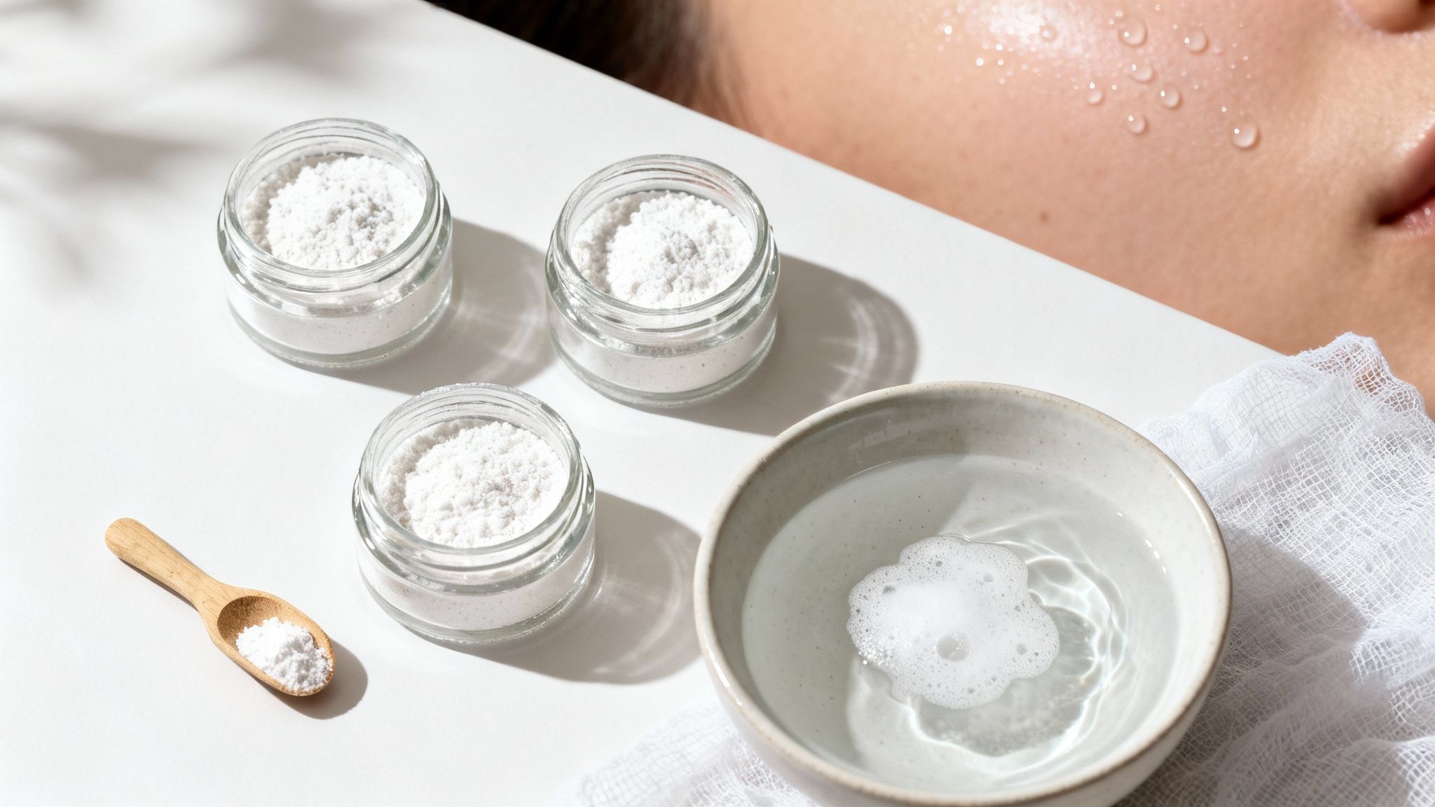 White powdered skincare products in glass jars, a wooden spoon, a water bowl, and a person's face.