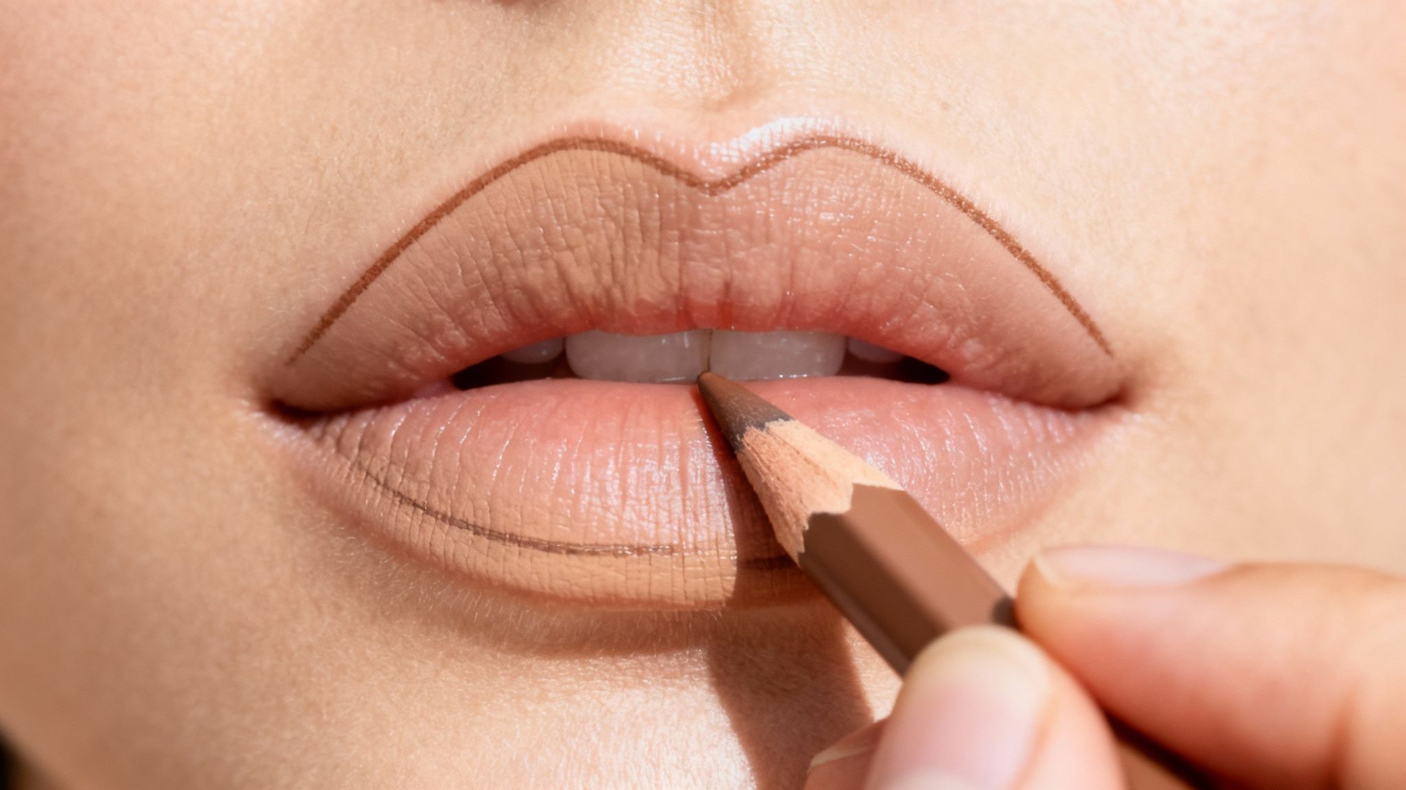 Close-up of a person's lips being outlined with a brown lip liner pencil, creating an overdrawn effect.
