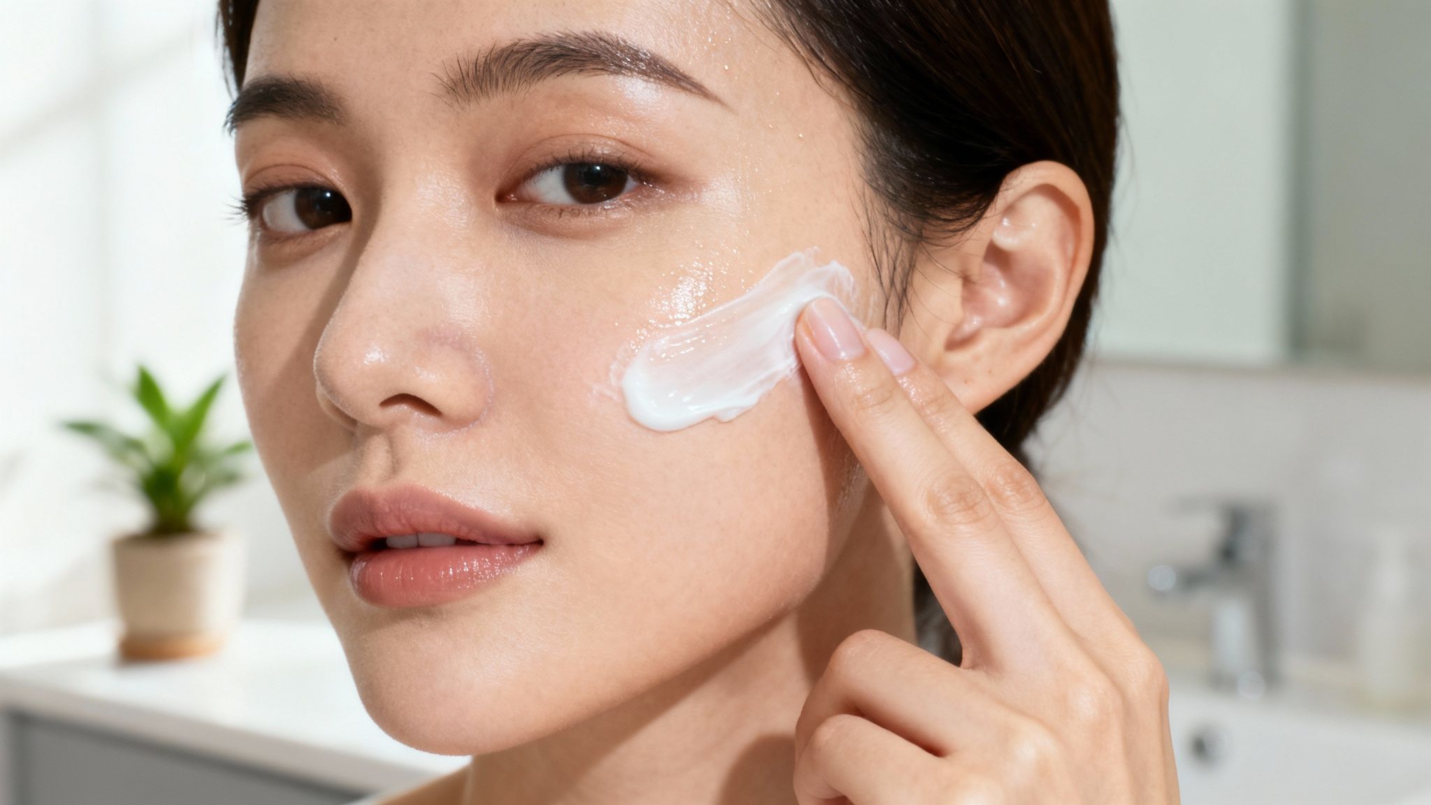 A young woman gently applies a white hydrating face cream to her cheek for skincare.