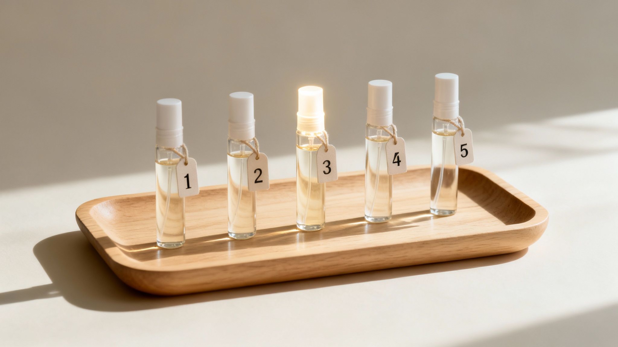 A wooden tray holds five clear spray bottles with numbered tags, one brightly lit.