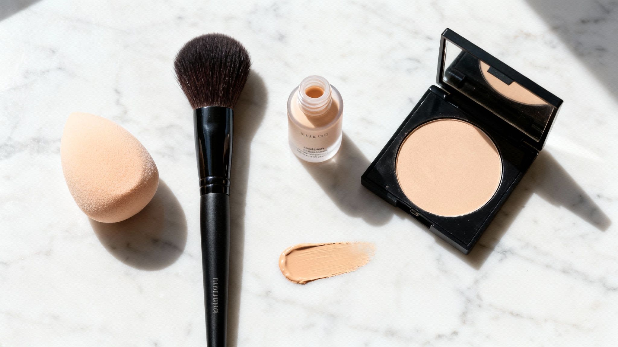 Makeup products including liquid foundation, brush, sponge, pressed powder, and a swatch on marble.