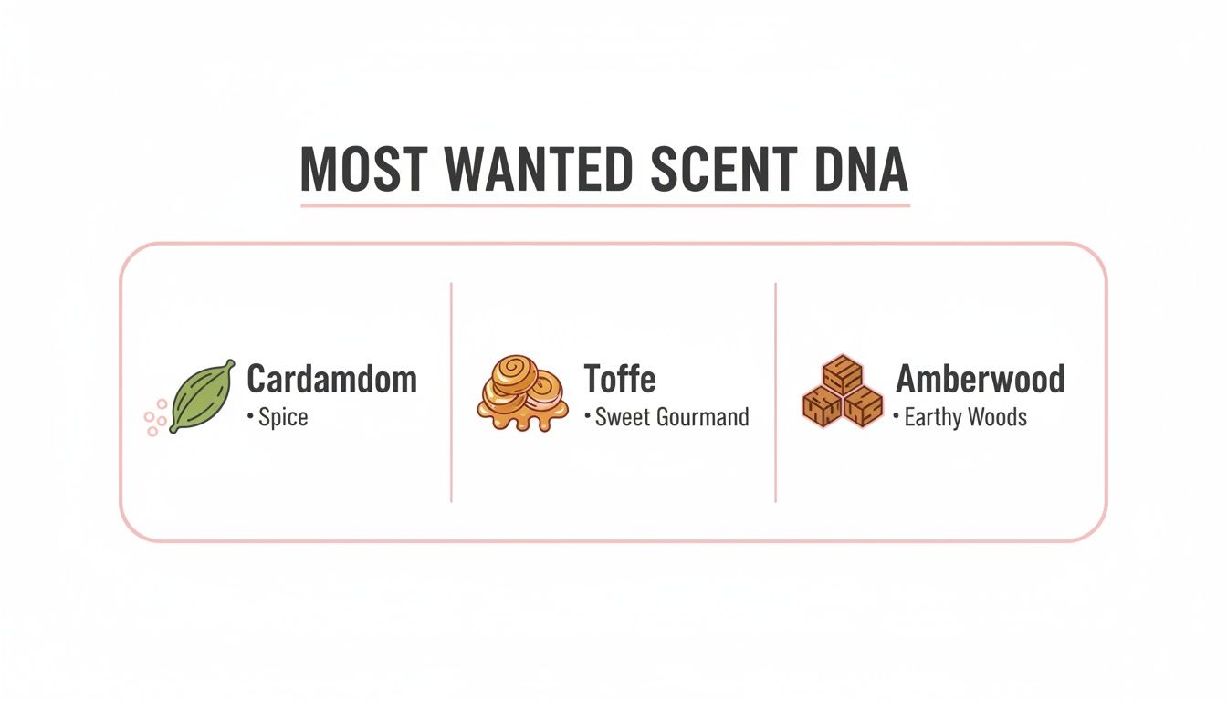 Infographic detailing 'Most Wanted Scent DNA' with Cardamom, Toffee, and Amberwood fragrance notes.