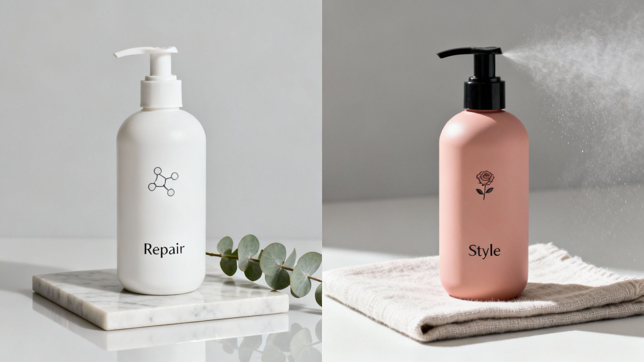 Two cosmetic bottles: a white 'Repair' pump bottle and a pink 'Style' spray bottle.