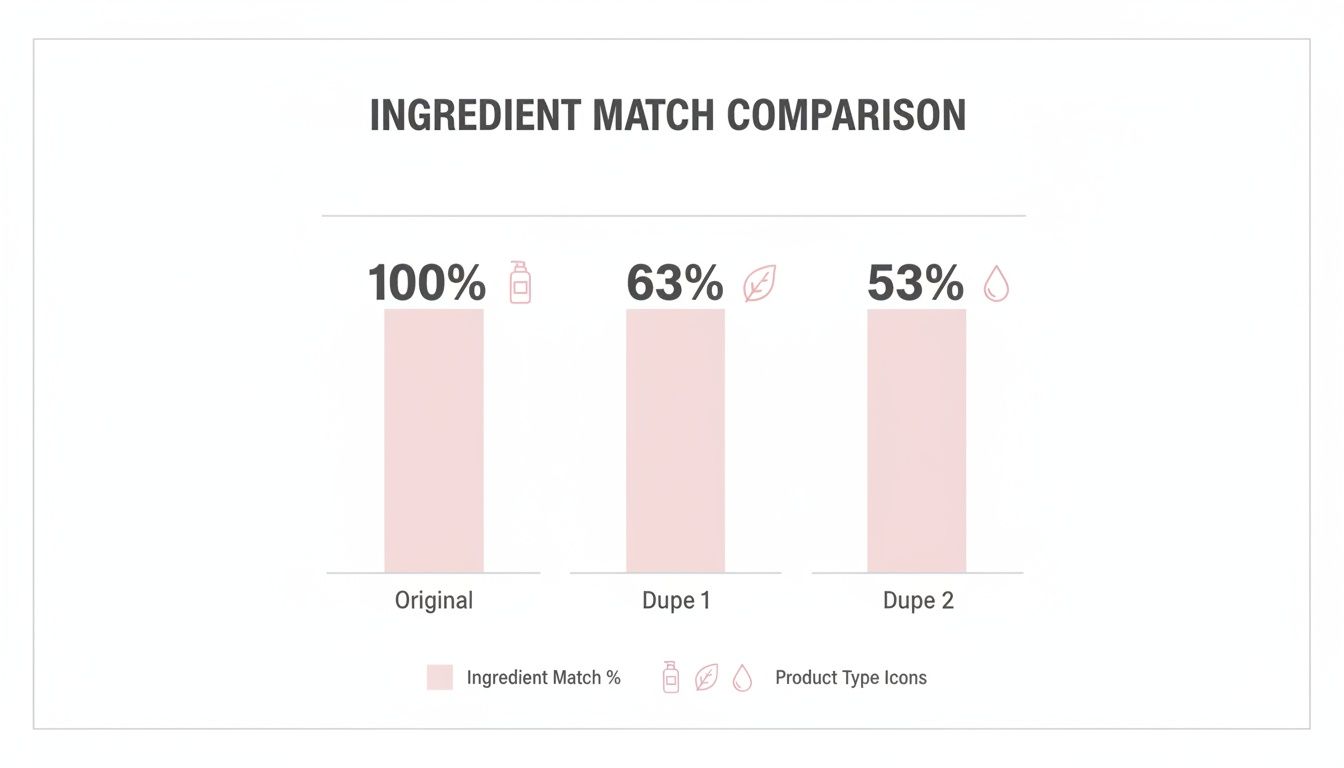 Bar chart comparing ingredient match percentages for Original (100%), Dupe 1 (63%), and Dupe 2 (53%).