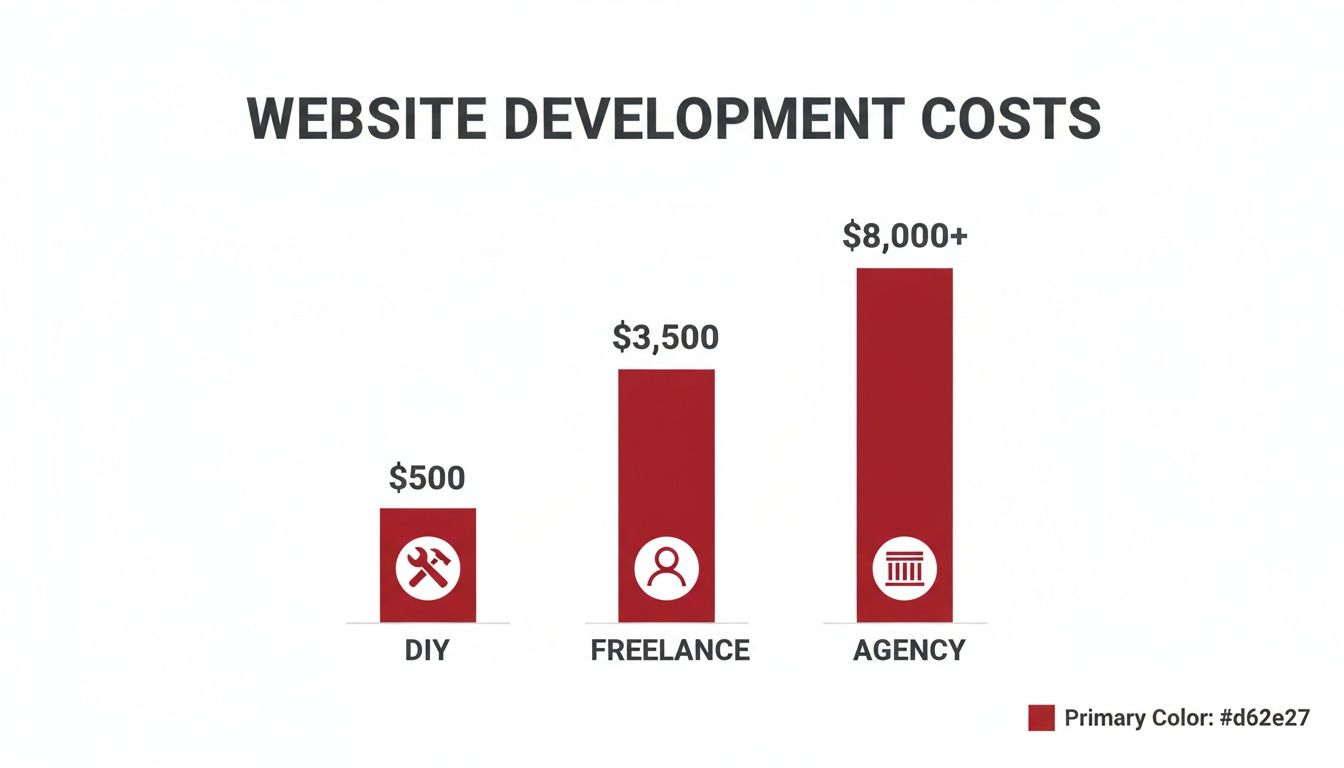 Bar chart illustrating website development costs: DIY ($500), Freelance ($3,500), and Agency ($8,000+).