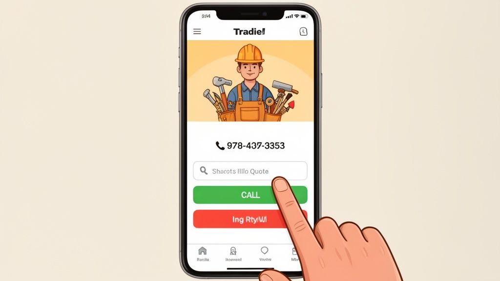 A smartphone displays a 'Tradie!' mobile app with a cartoon construction worker, showing a finger tapping the 'CALL' button.