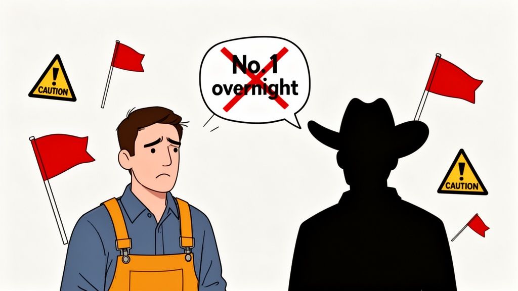 A distressed man faces a cowboy silhouette, surrounded by caution signs and red flags, rejecting 'No. 1 overnight' claim.