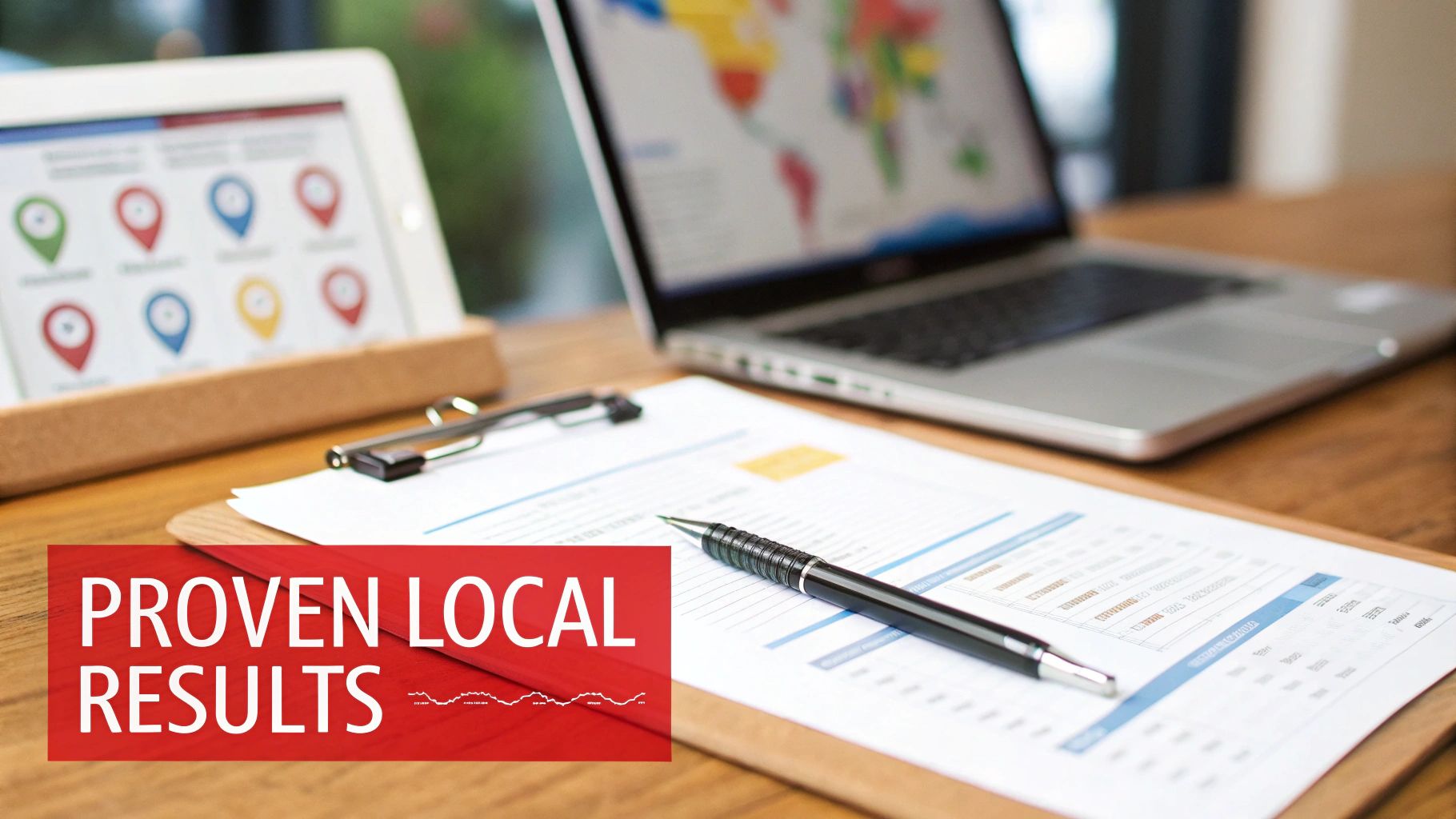 A desk with a laptop showing a world map, tablet with location pins, documents, and a pen, symbolizing proven local business results.