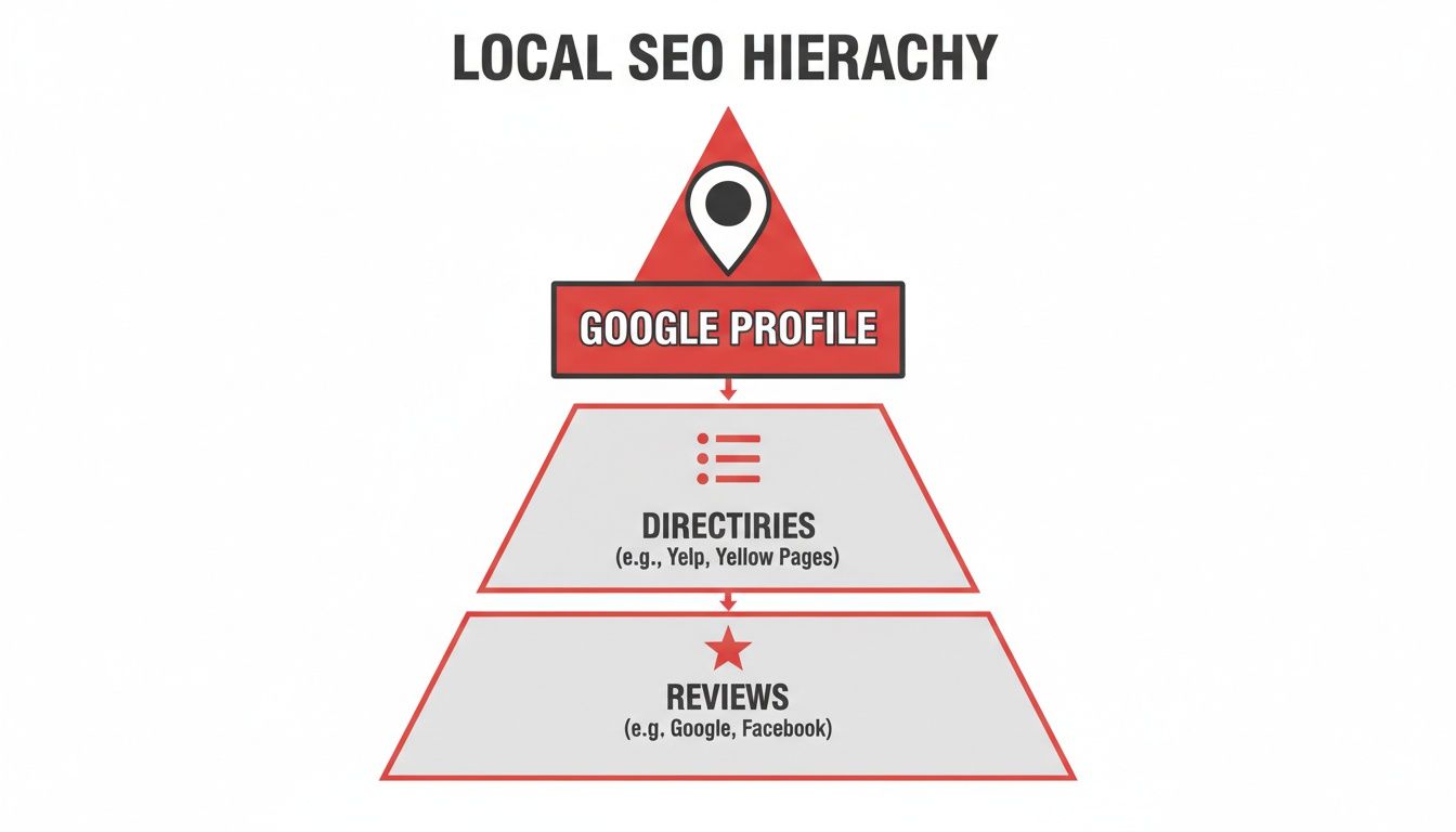 A diagram illustrating the Local SEO Hierarchy: Google Profile, Directories, and Customer Reviews.