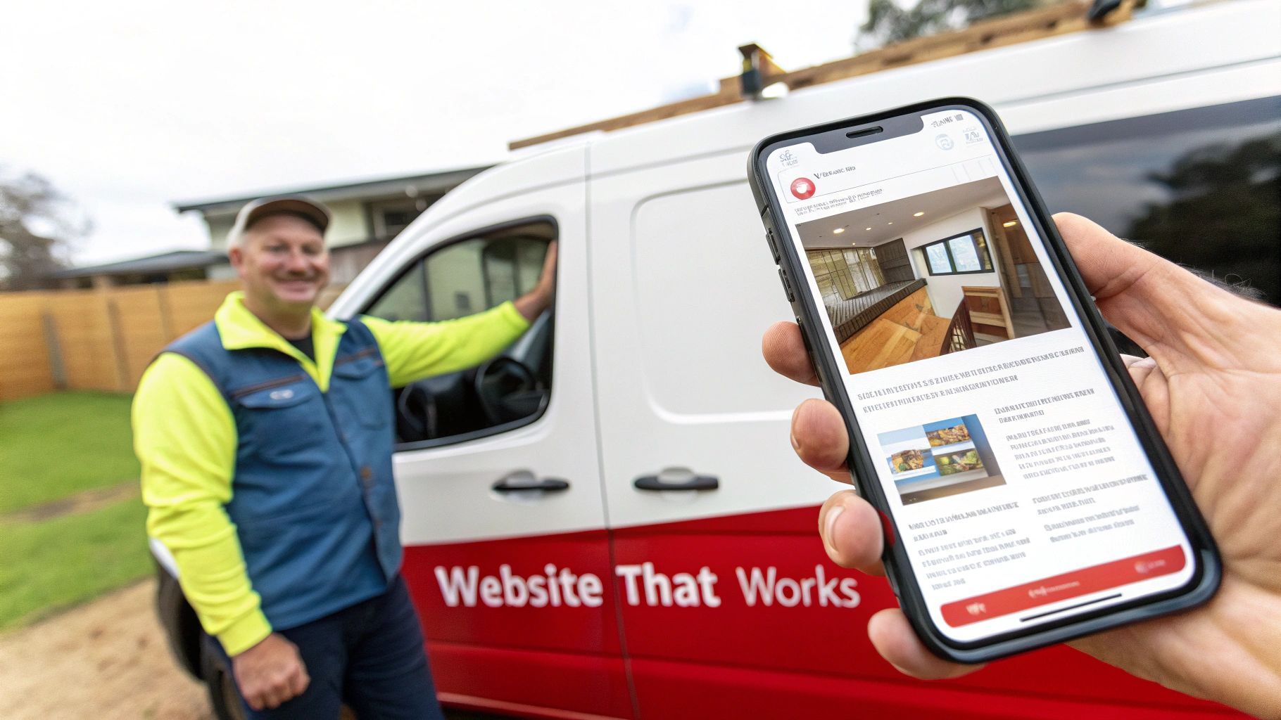 A smiling worker stands by a branded van as a hand holds a phone displaying a business website.