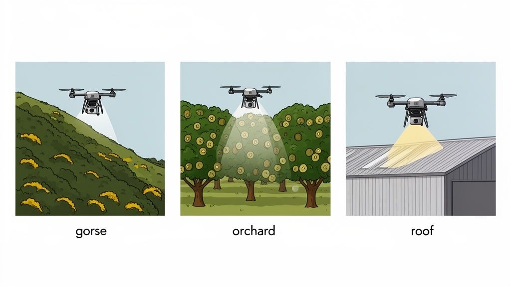 A drone is shown spraying or inspecting a gorse hill, an orchard, and a building roof.