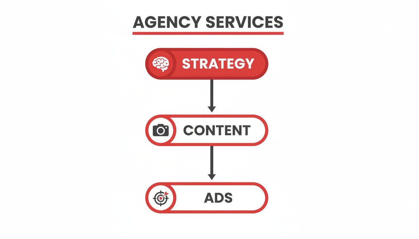 Flowchart showing agency services: strategy, content creation, and advertising steps with relevant icons.