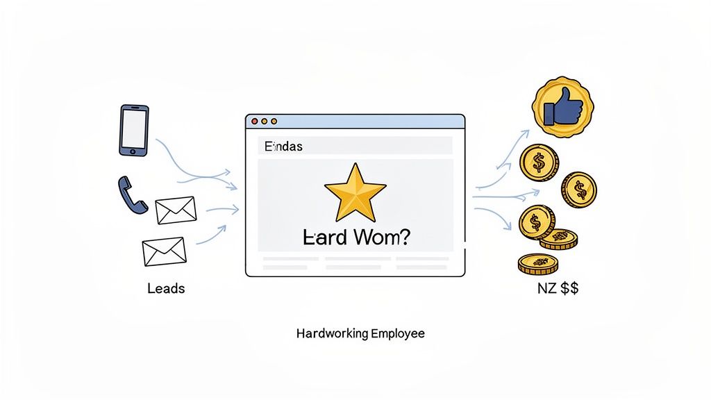 Diagram illustrates business leads from phone and email converting into employee rewards and New Zealand dollars.
