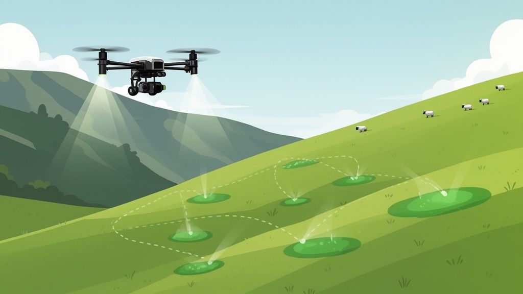 An agricultural drone uses targeted spraying on a green, sheep-filled hillside, overlooking mountains.