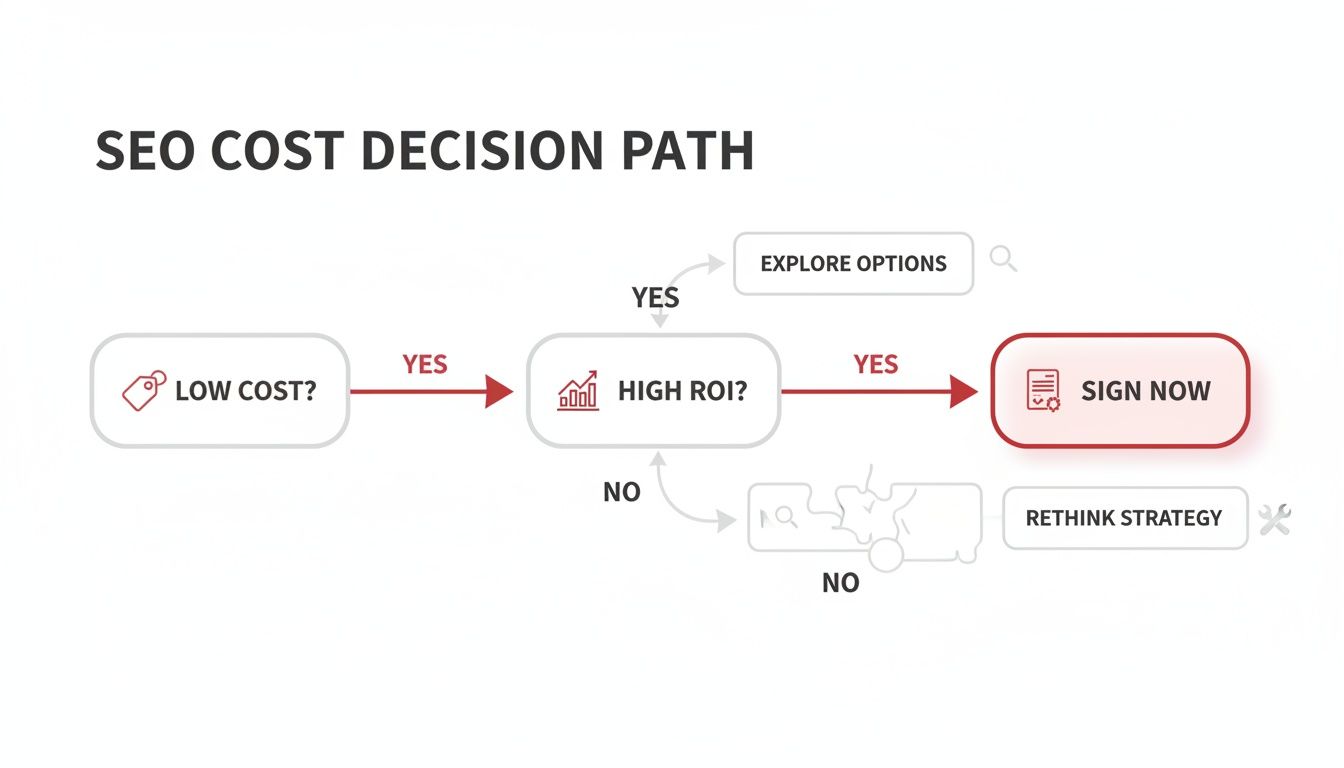 Flowchart illustrating an SEO cost decision path, evaluating low cost, high ROI, and strategy.