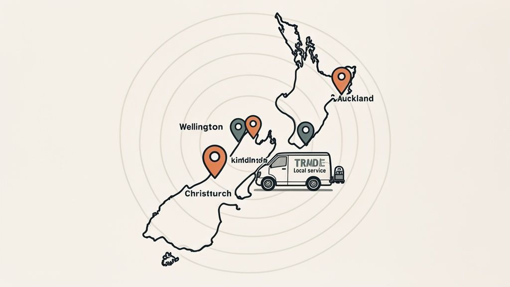 Map of New Zealand showing service locations in Auckland, Wellington, and Christchurch with a local service van.