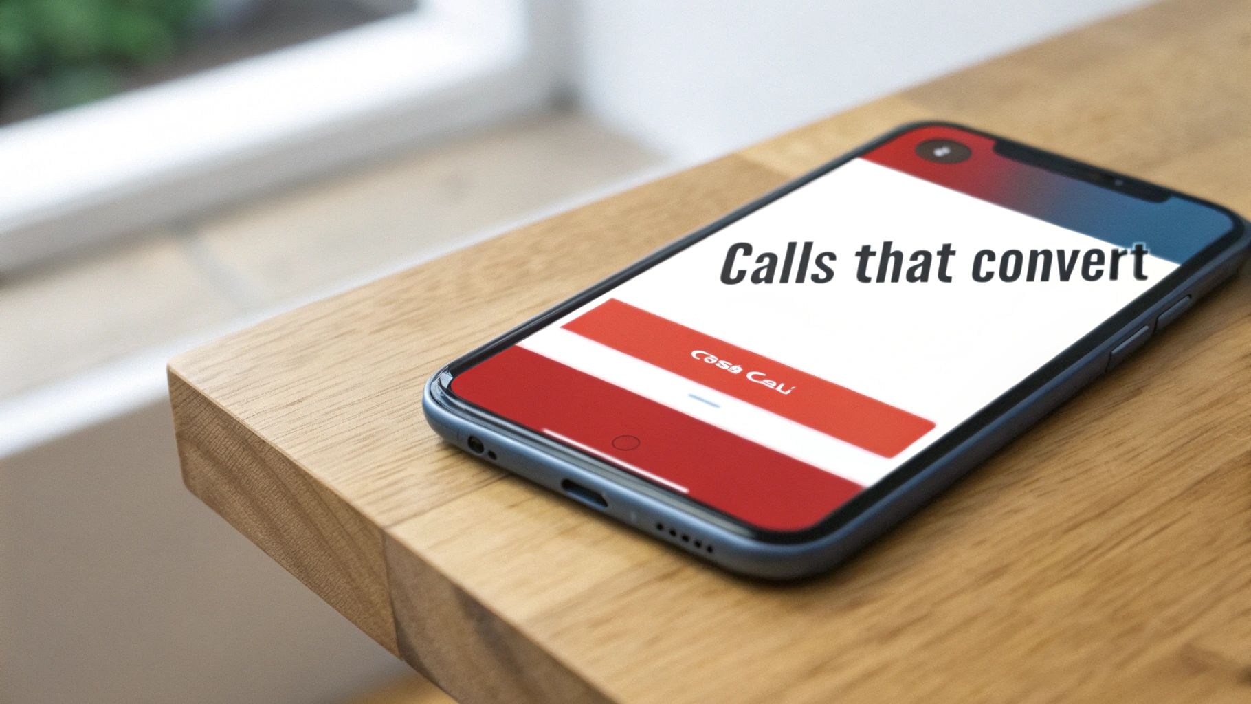 A smartphone displays 'Calls that convert' and 'Casa Cali' on its screen, resting on a wooden table.