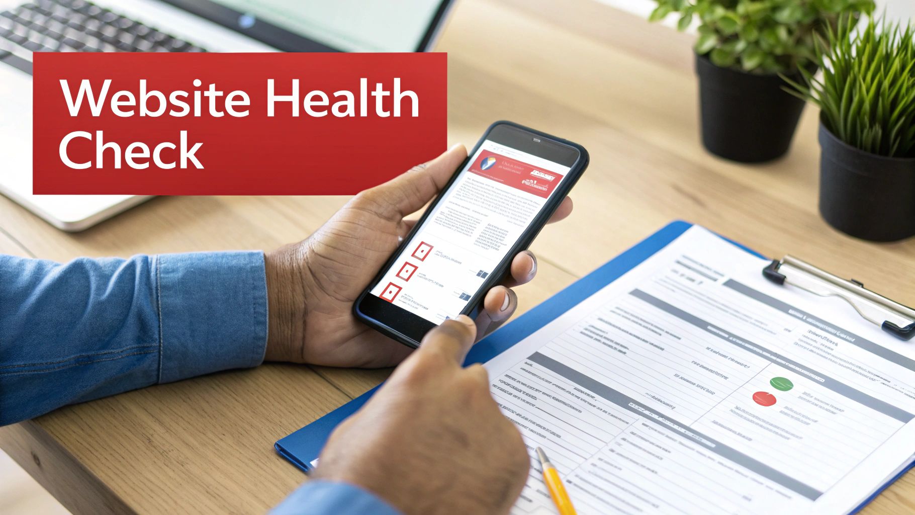 Person reviewing a website health check report on a smartphone and physical document on a desk.
