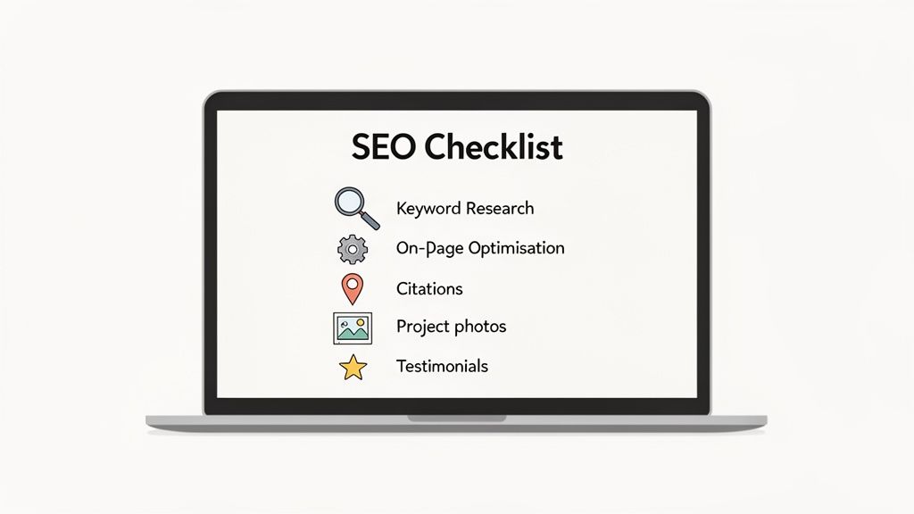 A laptop screen displays an SEO checklist with items like keyword research, on-page optimisation, and testimonials.