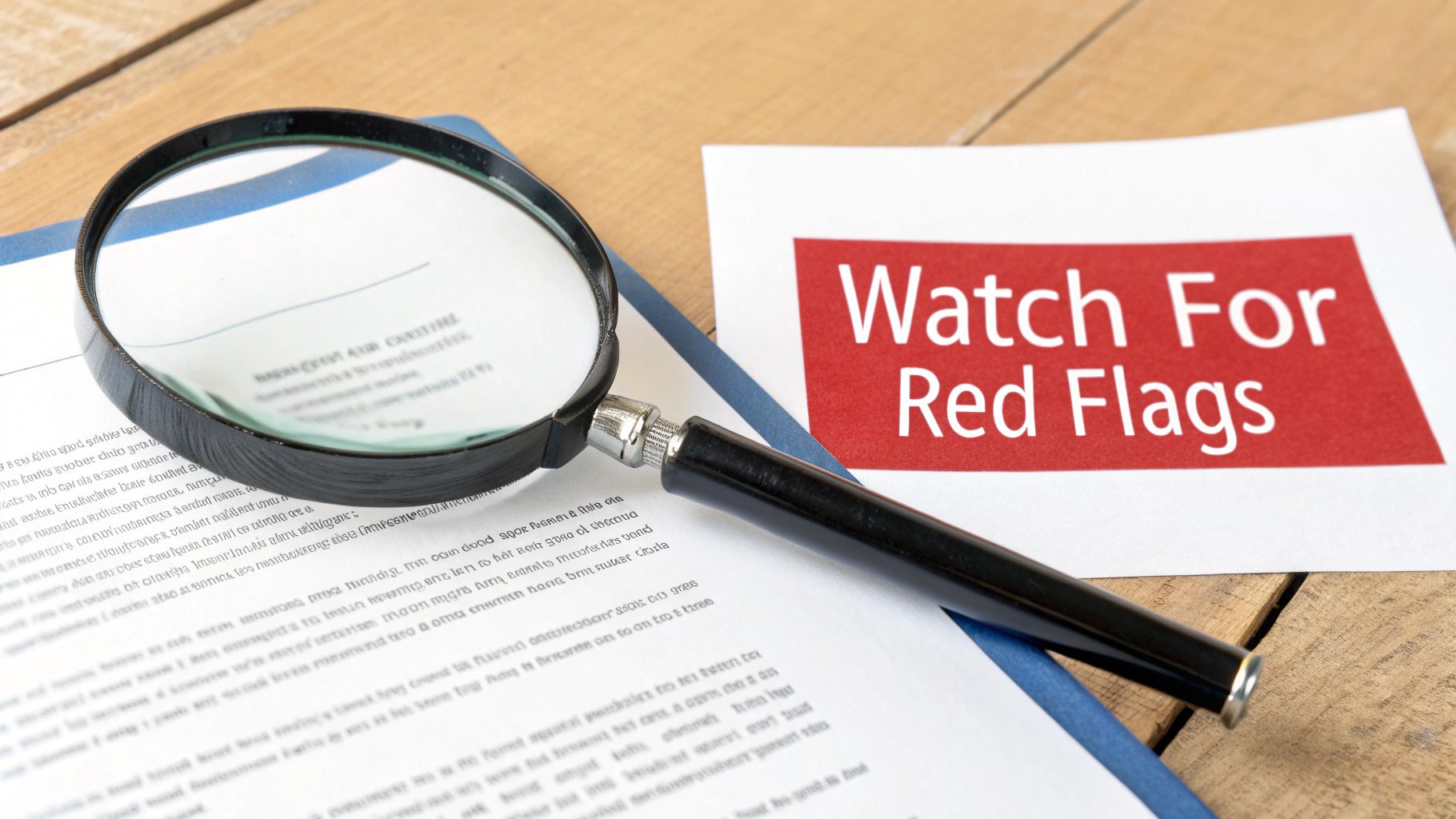 Magnifying glass over documents, next to a 'Watch For Red Flags' sign.