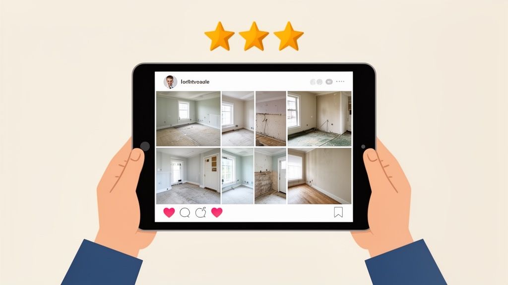 Hands holding a tablet showcasing renovation photos on a social media profile with three gold review stars.