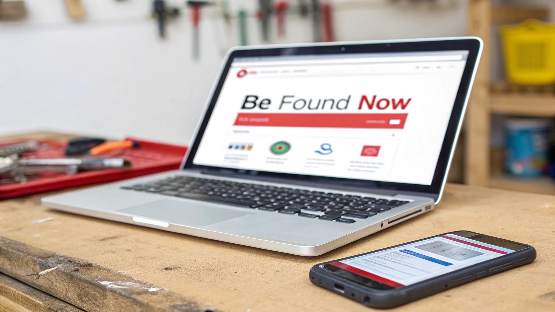A laptop and a smartphone display a 'Be Found Now' website on a wooden desk, representing online presence.