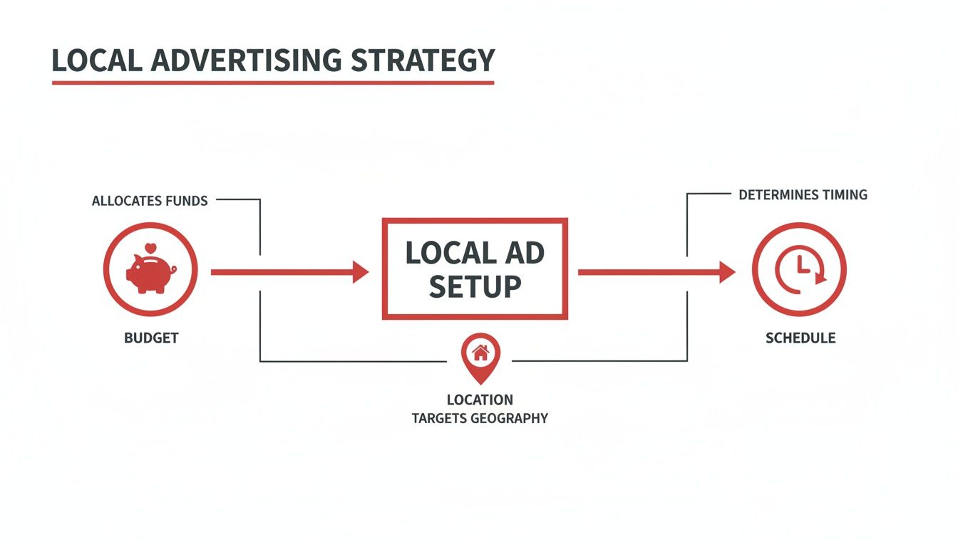 Flowchart illustrating a local advertising strategy with budget allocation, location targeting, and scheduling.