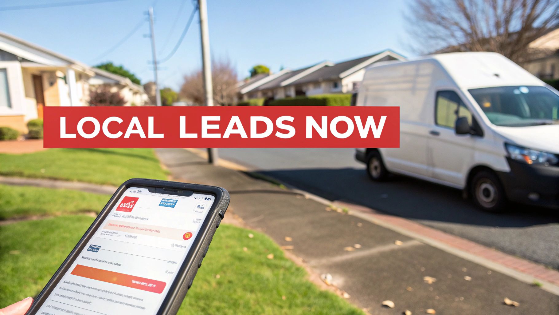 A hand holds a smartphone displaying an app, with a 'LOCAL LEADS NOW' banner over a residential street with a white van.