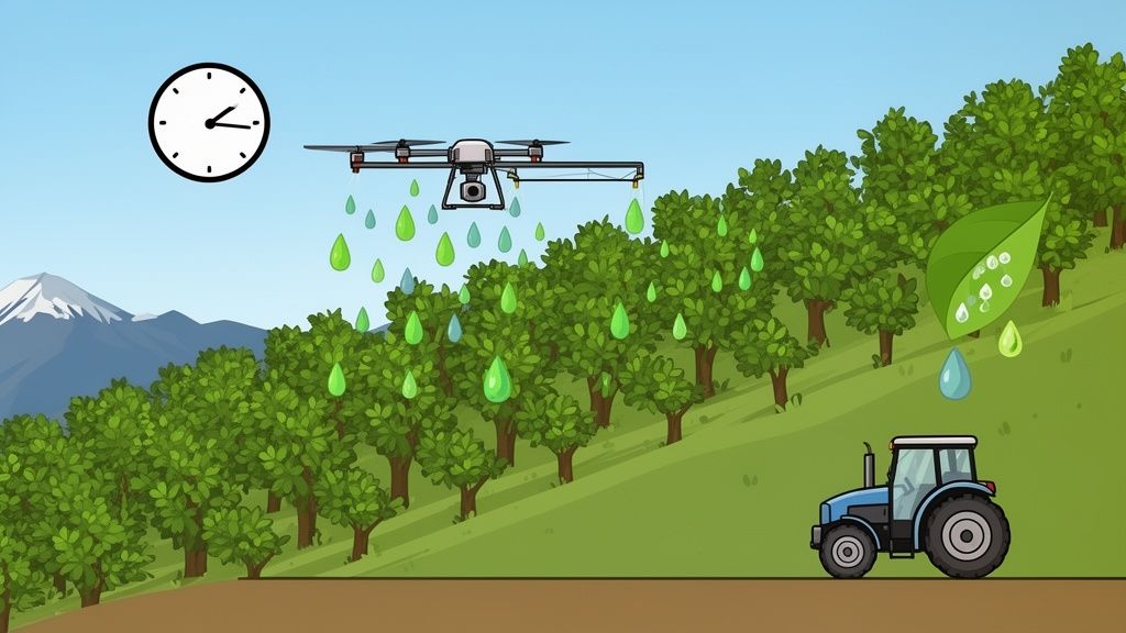 A drone sprays green and blue liquid over an orchard, with a tractor below and mountains in the distance, indicating scheduled agricultural work.