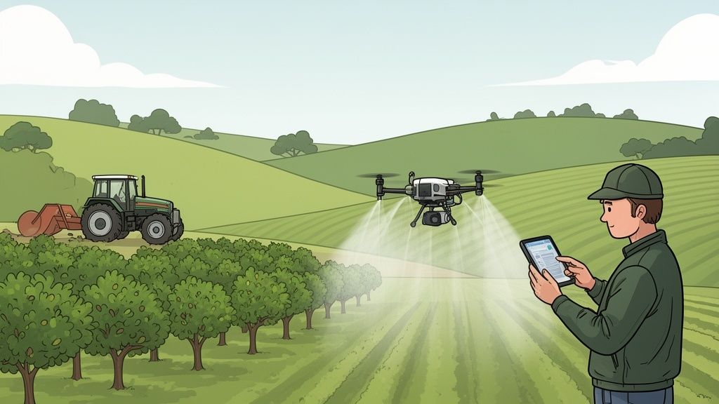 A farmer controls a drone spraying a field with a tablet, depicting modern farming methods.