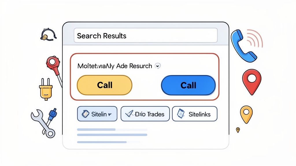 A search results interface displaying 'Call' buttons and service options like 'Sitelin', 'Dilo Trades', and 'Sitelinks'.