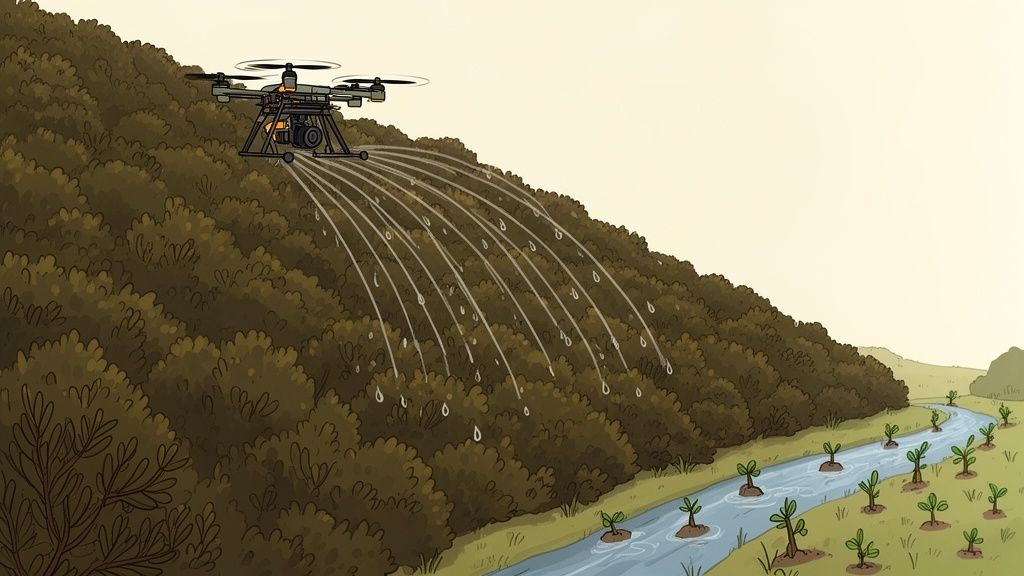 A drone sprays dense gorse bushes on a hillside, overlooking a river with new seedlings.