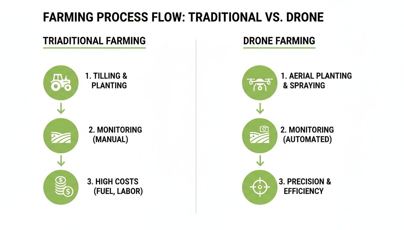 Infographic comparing traditional farming steps like tilling and manual monitoring with drone farming processes.