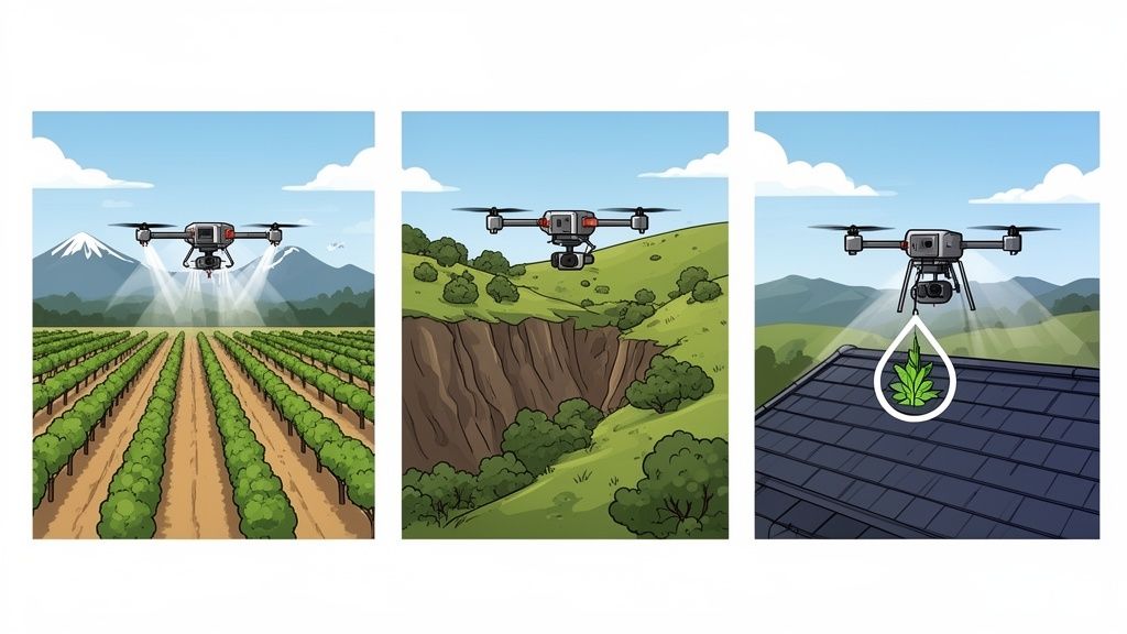 Illustration showing drones used for agricultural spraying, landscape surveying, and dropping a cannabis leaf symbol.