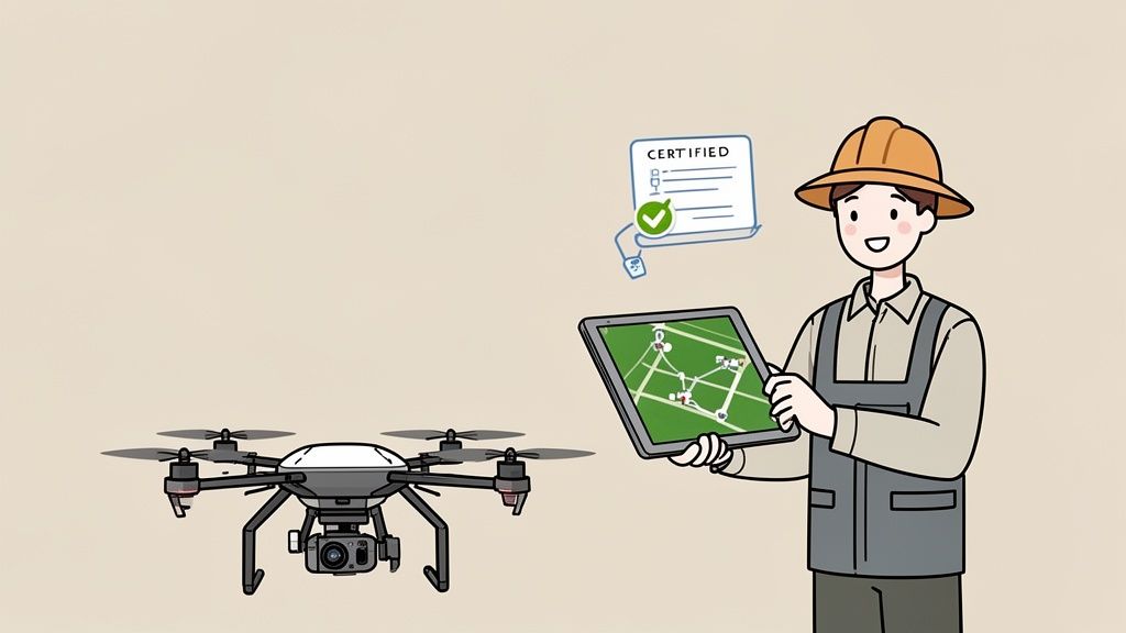 A smiling farmer controls an agricultural drone with a tablet, showing a 'CERTIFIED' document for drone use.