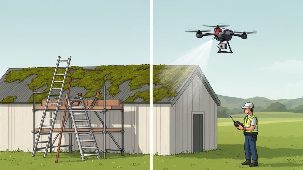 Illustration comparing traditional roof moss removal with ladders and scaffolding to modern drone spraying.