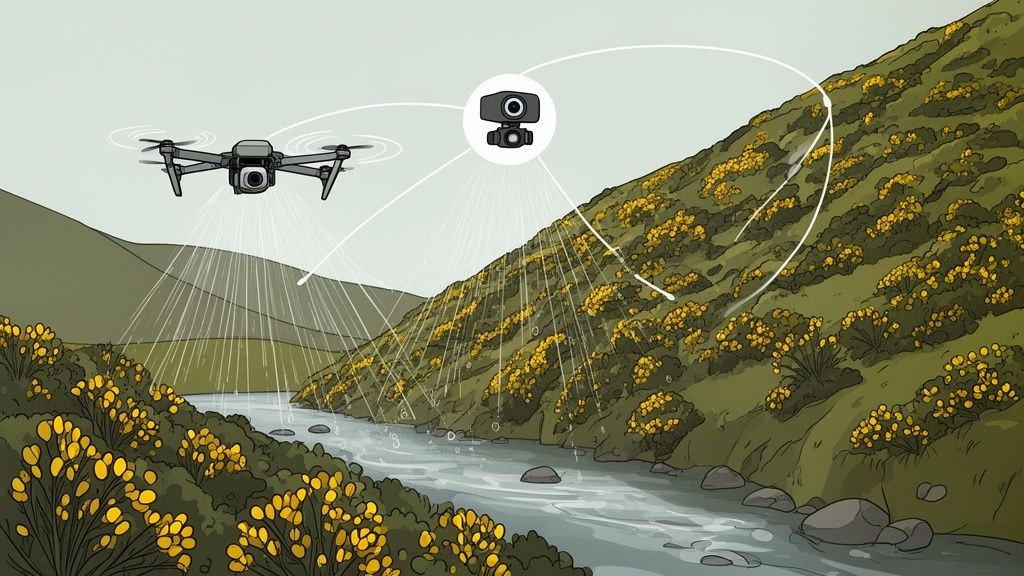 A drone and a sensor system spray liquid over a river valley with hills covered in yellow gorse bushes.