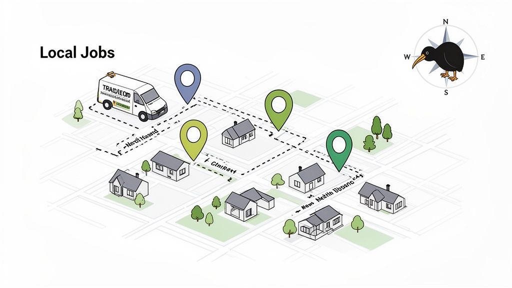 A map shows a delivery van tracing a route to local houses with job pins, featuring a kiwi compass.