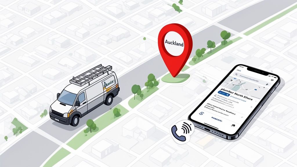 An isometric map showing a service van, a smartphone with a plumber search, and an Auckland location pin.
